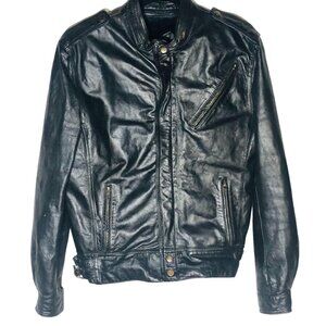 leather jacket black zip up pockets removable inside layer med no size tag READ